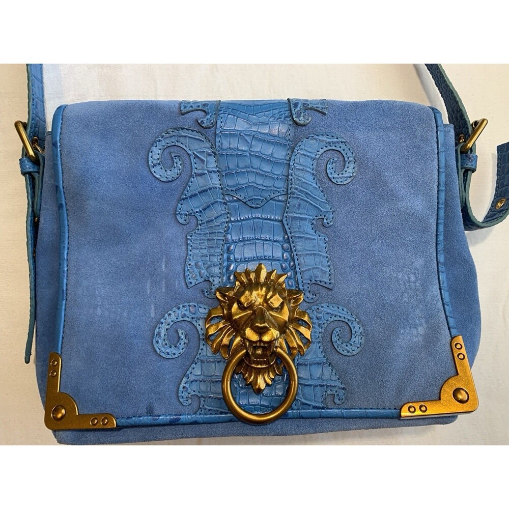 Vintage Sharif 1827 Blue Gold Suede Leather Lion Head Crossbody Bag Purse